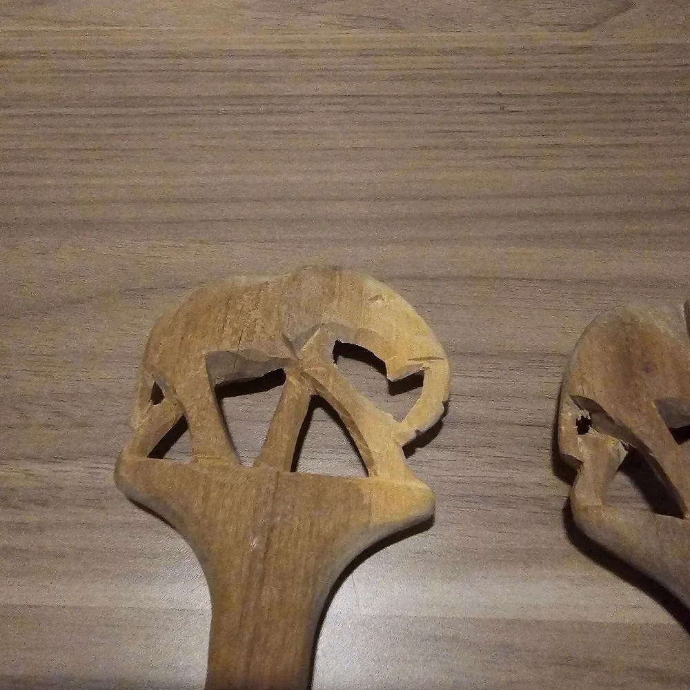 Vintage African Hand Carved Wood Elephant Salad Serving Set 12